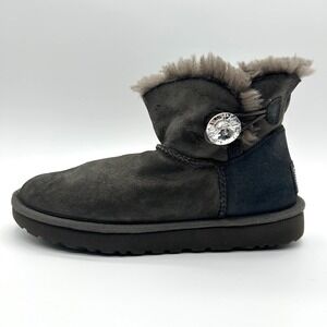 UGG Mini Bailey Button Bling Boot Women 9 Grey Sheepskin Suede Swarovski Crystal